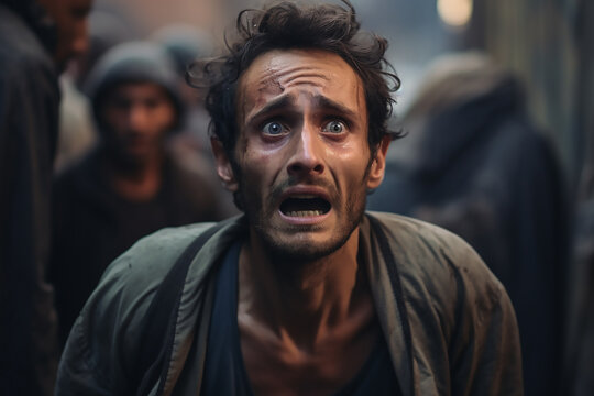 A close-up capturing the silent plea for peace in the eyes of a war-weary individual. helpless civilian man 