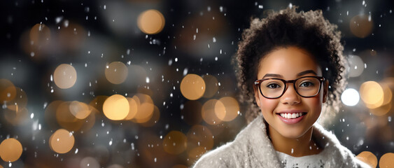 Winter themed young woman wearing glasses with room for copy space created with Generative AI technology