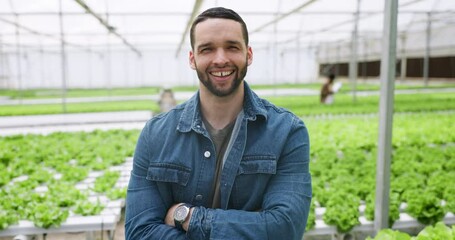 Farmer, nursery and man in garden, arms crossed and sustainable farming for agriculture, gardening and smile. Portrait, ecology and organic products for eco friendly, greenhouse and food production