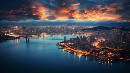 Fototapeta premium fireworks explode high over water. AI generative