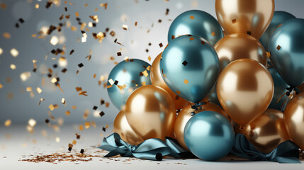 Holiday background with golden and blue metallic balloons. AI generative