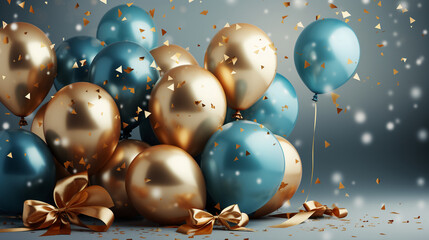 Holiday background with golden and blue metallic balloons. AI generative