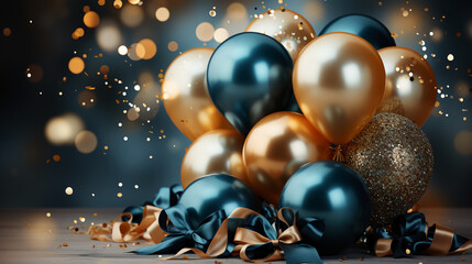 Holiday background with golden and blue metallic balloons. AI generative - obrazy, fototapety, plakaty