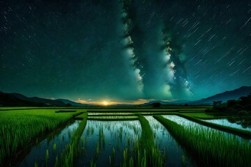 Green rice fields and a starry sky