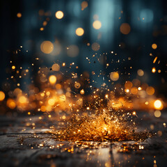 Obraz na płótnie Canvas New Year Abstract golden fireworks dark background. AI generative