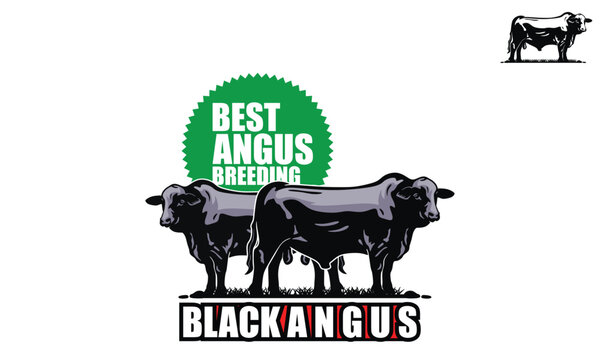 BEST ANGUS CATTLE BREEDING LOGO, silhouette of great black cow standing vector illustrations.