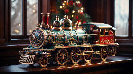Cozy interior with vintage train toy and decorated Christmas tree. Christmas miracle - obrazy, fototapety, plakaty