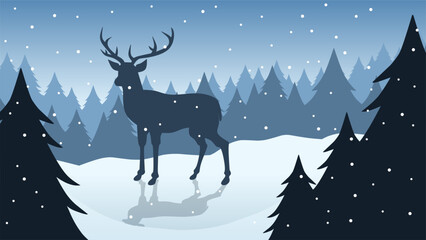 Wildlife in winter landscape vector illustration. Silhouette of reindeer at pine forest in cold season. Winter wildlife landscape for background, wallpaper or landing page © Moleng24