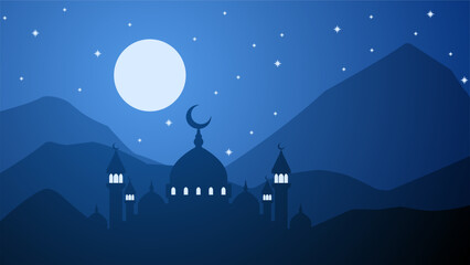 Mosque silhouette landscape vector illustration. Landscape ramadan design graphic in muslim culture and islam religion. Background of mosque in the night for Islamic wallpaper design