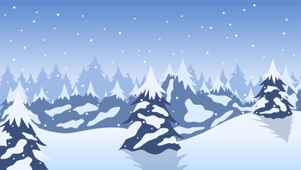 Winter pine forest landscape vector illustration. Silhouette of snow covered coniferous in cold season. Pine forest landscape for background, wallpaper or landing page © Moleng24