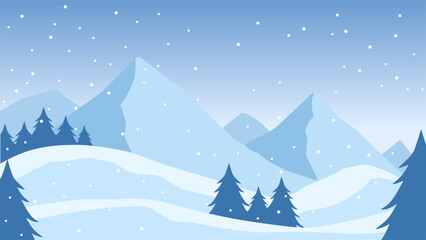 Snowy mountain landscape vector illustration. Landscape of snow covered mountain in winter season. Winter mountain landscape for background, wallpaper or landing page - obrazy, fototapety, plakaty