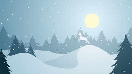Winter landscape vector illustration. Winter silhouette with reindeer and pine forest in the snow hill. Silhouette of cold season for background, wallpaper or landing page - obrazy, fototapety, plakaty