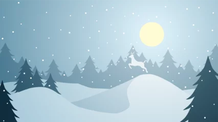 Foto op Canvas Winter landscape vector illustration. Winter silhouette with reindeer and pine forest in the snow hill. Silhouette of cold season for background, wallpaper or landing page © Moleng