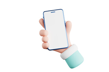 3D rendering Cute cartoon hand holding a smartphone hand using telephone