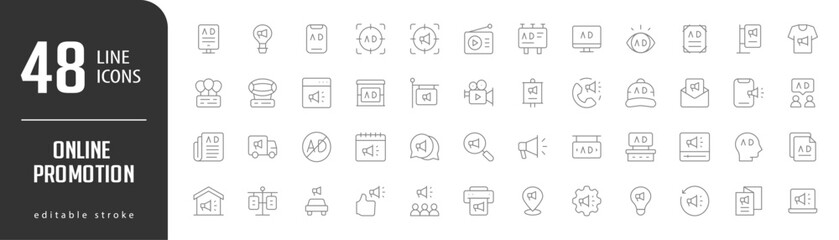 Online PromotionLine Editable stoke Icons set. Vector illustration in modern thin lineal icons types: Stand, Mobile, Target, Billboard, Radio,  and more.