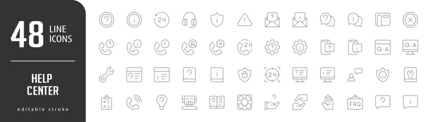 Help CenterLine Editable stoke Icons set. Vector illustration in modern thin lineal icons types: Information, Question, Protection, Support, Message question,  and more.