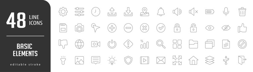 Basic ElementsLine Editable stoke Icons set. Vector illustration in modern thin lineal icons types: Setting, Time, Upload, Download, Map,  and more.