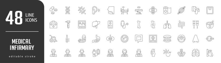 Medical InfirmaryLine Editable stoke Icons set. Vector illustration in modern thin lineal icons types: DNA, Pills, Bacteria, Ear, Throat,  and more.
