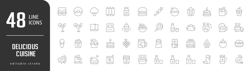 Delicious CuisineLine Editable stoke Icons set. Vector illustration in modern thin lineal icons types: Brocoli, Donut, Eggs, Bottle, Ribs,  and more.