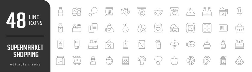 Supermarket ShoppingLine Editable stoke Icons set. Vector illustration in modern thin lineal icons types:  , Wheat, Fish, Sign, Watermelon,  and more.