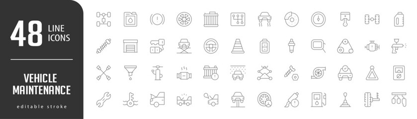 Auto Service Line Editable Icons set. Vector illustration in modern thin lineal icons types:  , Rim, Manual Gear shift, Radiator, Disc Break,  and more.