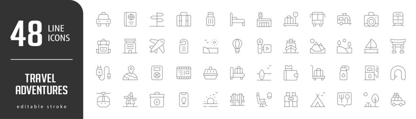 Travel AdventuresLine Editable stoke Icons set. Vector illustration in modern thin lineal icons types: Passport, Taxi, Baggage, Sign Direction, Bed,  and more.