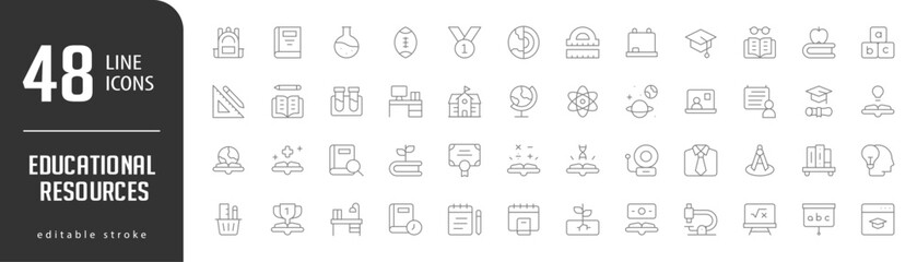 Education Line Editable Icons set. Vector illustration in modern thin lineal icons types: Backpack, Book, Chemical, Football, Black Board,  and more. - obrazy, fototapety, plakaty