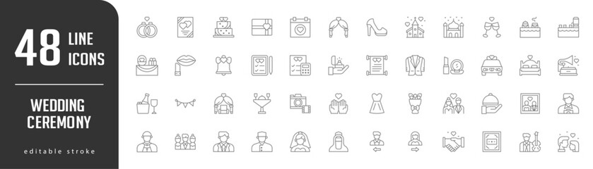 Wedding Ceremony Line Editable Icons set. Vector illustration in modern thin lineal icons types Couple Rings, Wedding Cake, Wedding Invitation, Church in Love, High Heels,  and more.