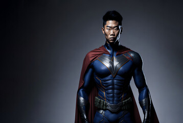 Fototapeta na wymiar Asian man in superhero costume. Asiatic guy in super hero suit