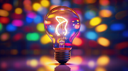 a light bulb in front of colorful lights, An Electric Ballet of Light and Vivid Hues, light bulb in gold and purple, yellow and orange
