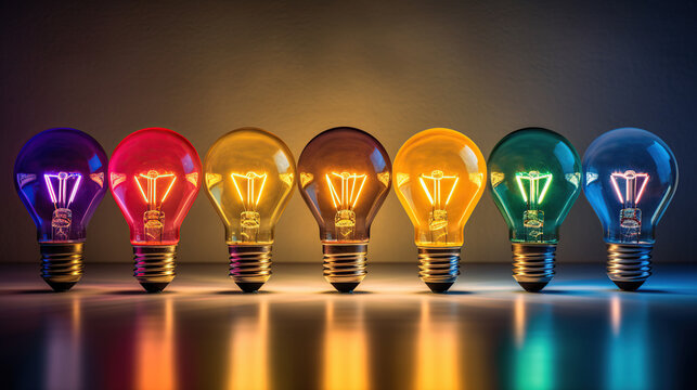 a light bulb arrangement in various colors, An Electric Ballet of Light and Vivid Hues, light bulb in gold and purple, yellow and orange