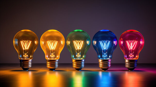 a light bulb arrangement in various colors, An Electric Ballet of Light and Vivid Hues, light bulb in gold and purple, yellow and orange