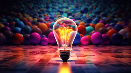 a light bulb in front of colorful lights, An Electric Ballet of Light and Vivid Hues, light bulb in gold and purple, yellow and orange - obrazy, fototapety, plakaty