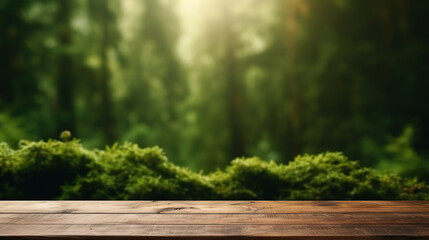 wooden table in the beautiful forest background with blurred background stock photo, wooden table in a forest with a view of the forest background, green and amber, bokeh backgrounds