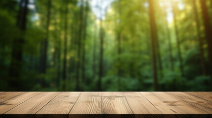 Fototapeta premium wooden table in the beautiful forest background with blurred background stock photo, wooden table in a forest with a view of the forest background, green and amber, bokeh backgrounds