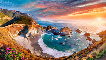 Big Sur coastline panorama at sunset, California, USA - obrazy, fototapety, plakaty