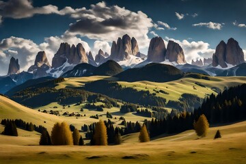 View of the Sassolungo and Sassopiatto peaks in the distance, together with the Seiser Alm (Alpe di Siusi), one of the largest alpine meadows in the Dolomites - obrazy, fototapety, plakaty