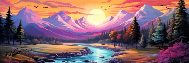 Fototapeta premium mountain landscape painting sunset, in the style of coloristic intensity, generative AI