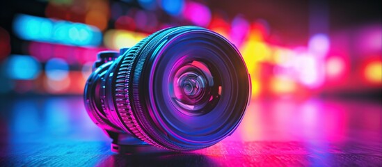 Professional camera lens on a dark background with colorful - obrazy, fototapety, plakaty