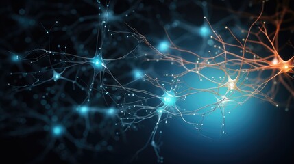 Fototapeta na wymiar Glowing neuron cells illustrating information transmitting in the brain