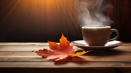 Naklejka na ściany i meble Ceramic coffee cup with vapor, set beside vibrant maple leaf. Autumn warmth.