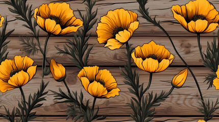 Marigold and Poppy Flowers on a Rustic Wood Texture