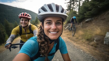 A beautiful female cyclist taking a selfie while cycling with pine trees and hills in the background.