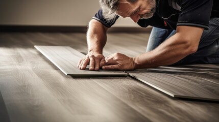 Fototapeta premium A Construction worker installing laminate flooring, room decoration design, professional technician, laminate background.