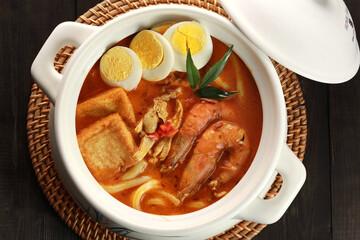 Curry Laksa which is a popular traditional spicy noodle or udon soup from the culture in Malaysia