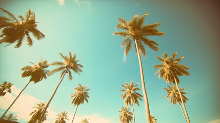 Fototapeta na wymiar palm tree and sky, Blue sky and palm trees view from below vintage style