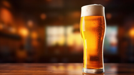a Glass of fresh and cold beer on brewery background.