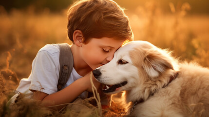 A happy little boy kisses the dog in the field in summer day. Friendship, care, happiness, Cute child with doggy pet.