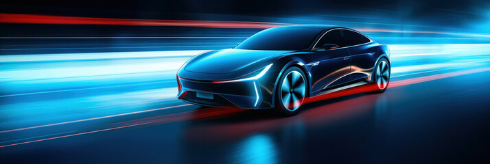 Automotive innovation and technology concepts. EV car with motion lighting.