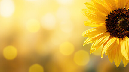 Obraz premium Sunflowers on a yellow background. Copy space. Top view
